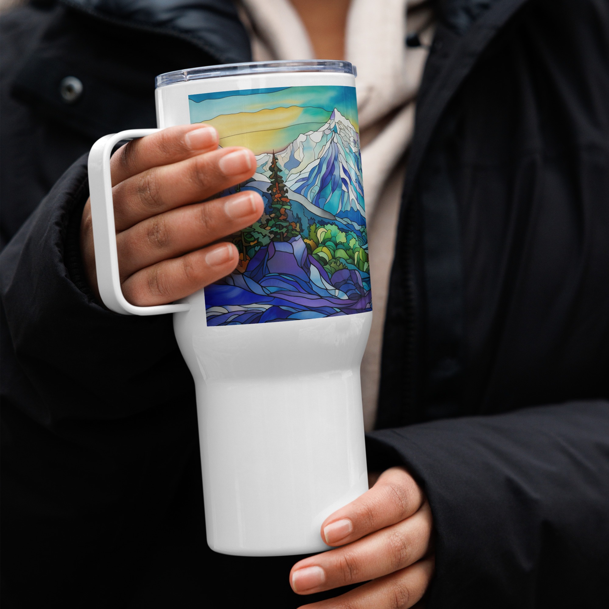 Icy Mountainscape | Stained Glass Artwork | Travel mug with a handle