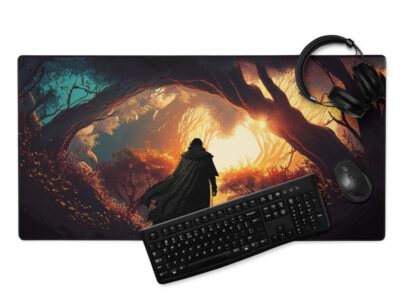 Traveler In Black Wanders Out Of The Deep Forest At Sunrise | Fantasy Artwork | Gaming mouse pad 36 in. x 18 in.