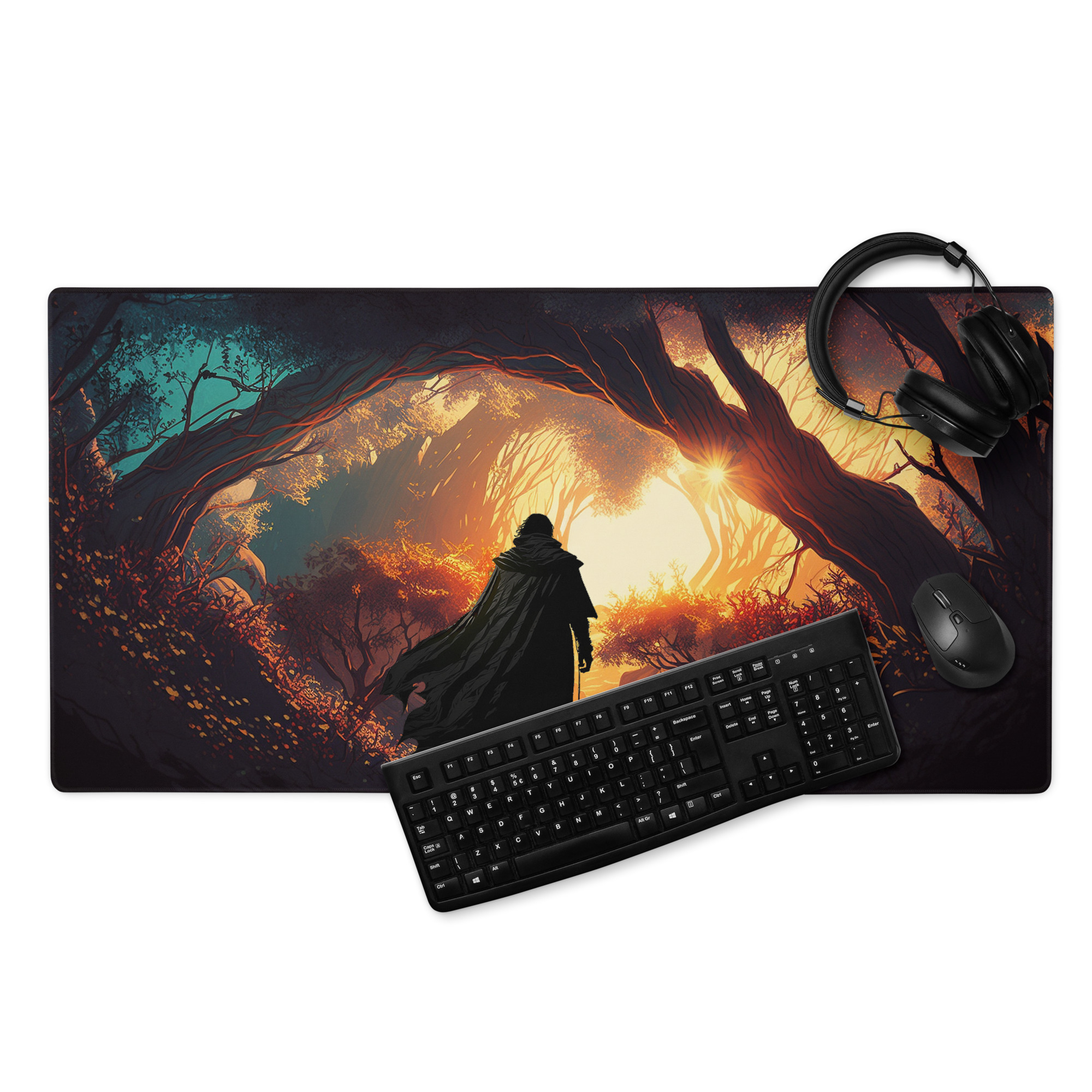 Traveler In Black Wanders Out Of The Deep Forest At Sunrise | Fantasy Artwork | Gaming mouse pad 36 in. x 18 in.