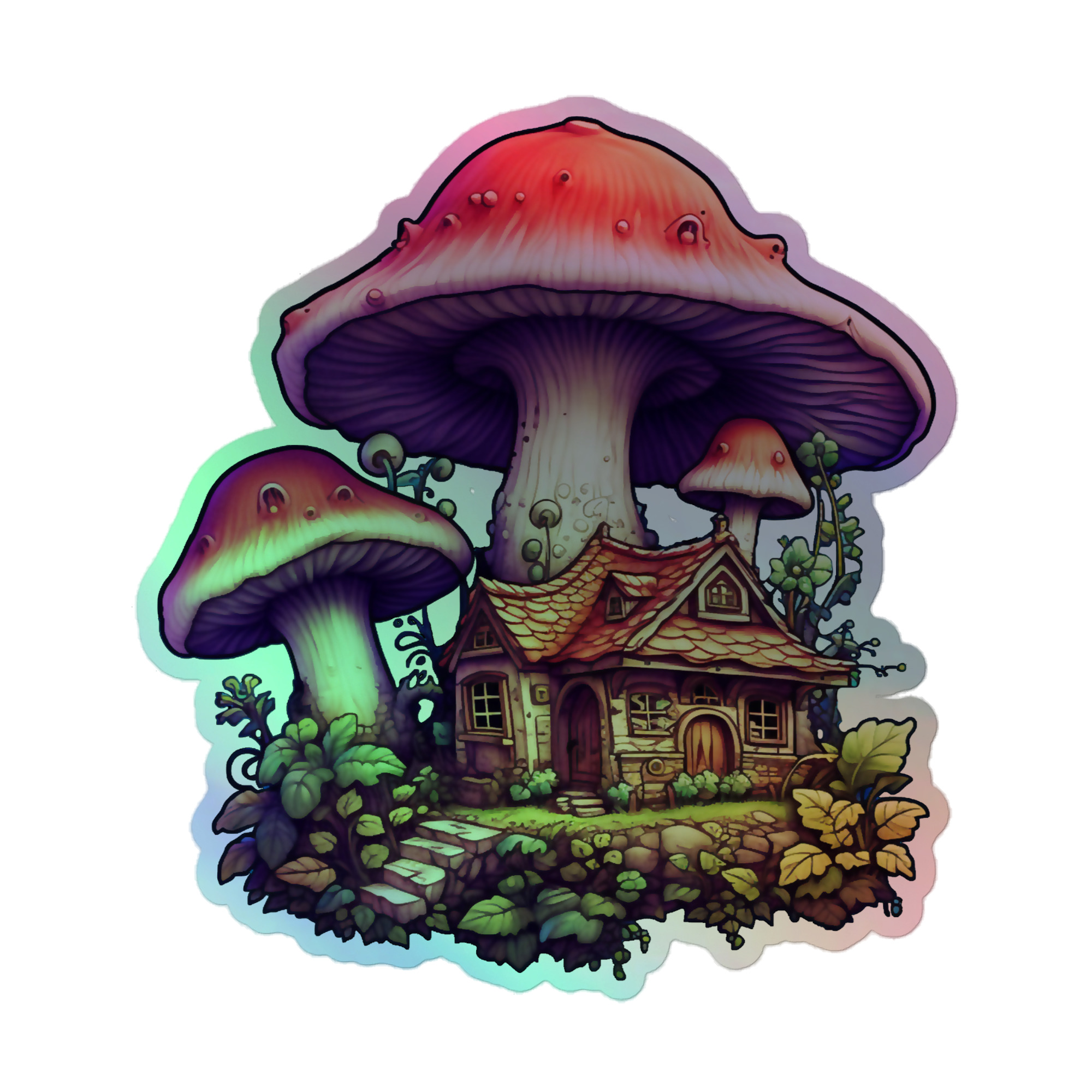Amongst the Mushrooms - Fairy Cottage - Holographic Sticker
