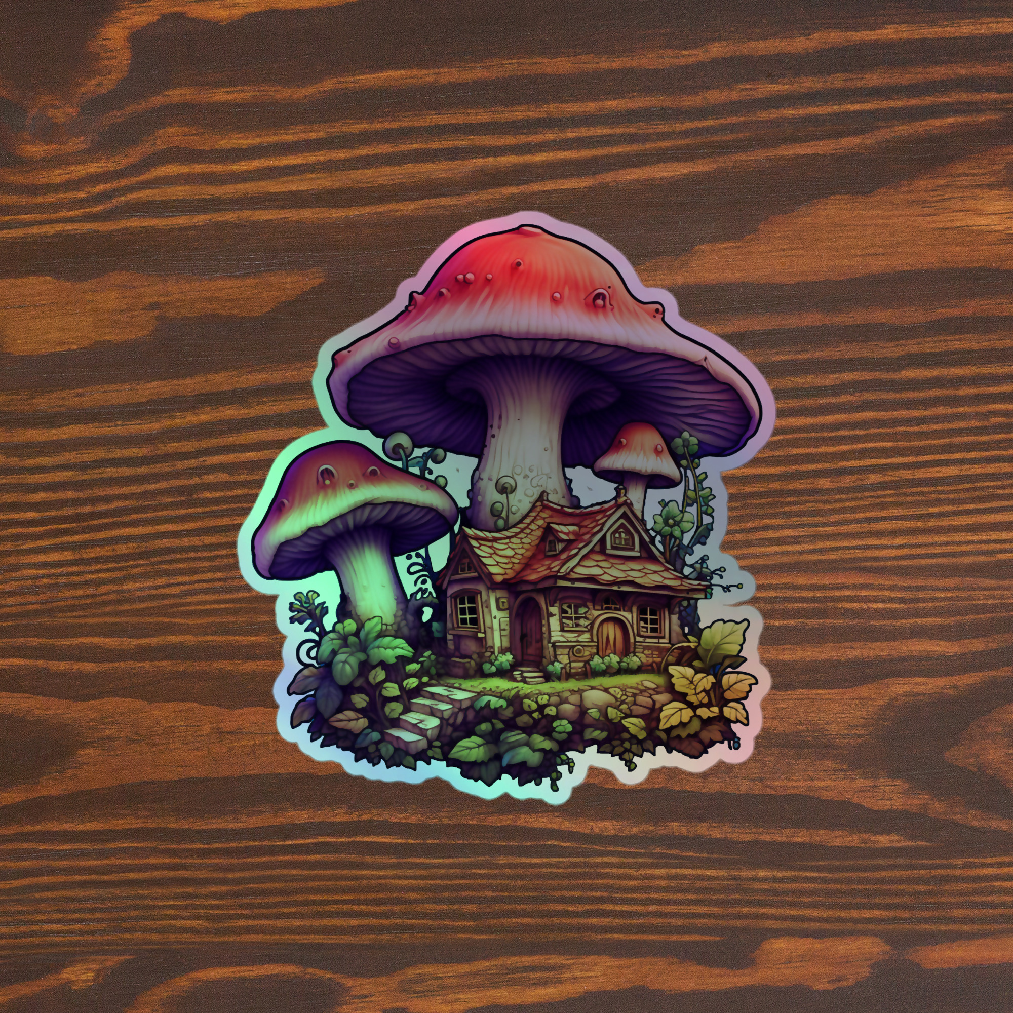 Amongst the Mushrooms - Fairy Cottage - Holographic Sticker
