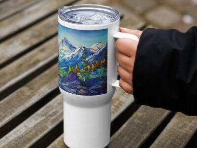 Icy Mountainscape | Stained Glass Artwork | Travel mug with a handle