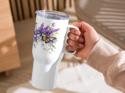 Butterflies and Butterfly Bushes | Pretty Spring Floral Artwork | Travel mug with a handle | Travel mug with a handle