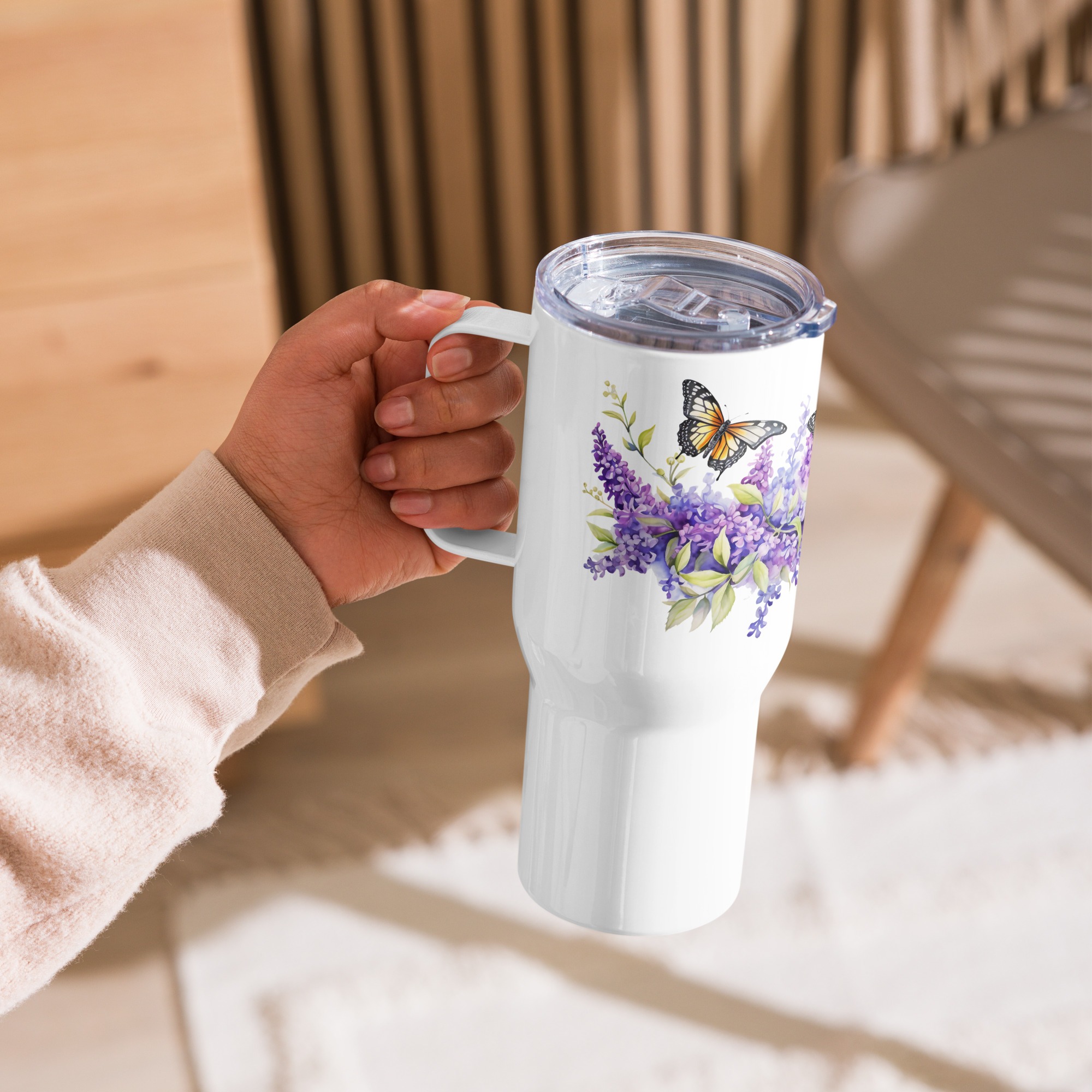 Butterflies and Butterfly Bushes | Pretty Spring Floral Artwork | Travel mug with a handle | Travel mug with a handle